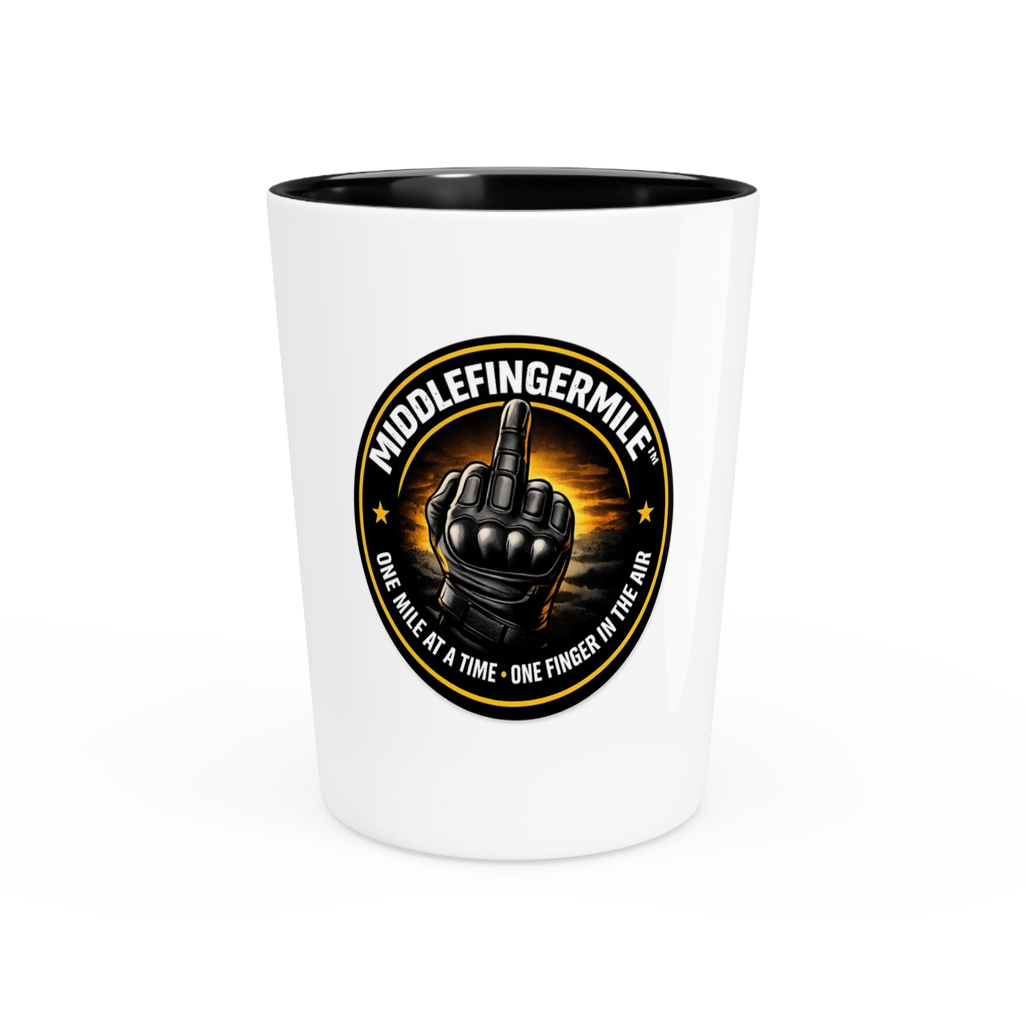 Middlefingermile Shot Glass – 'One Mile at a Time, One Finger at a Time' Funny Biker Shot Glass